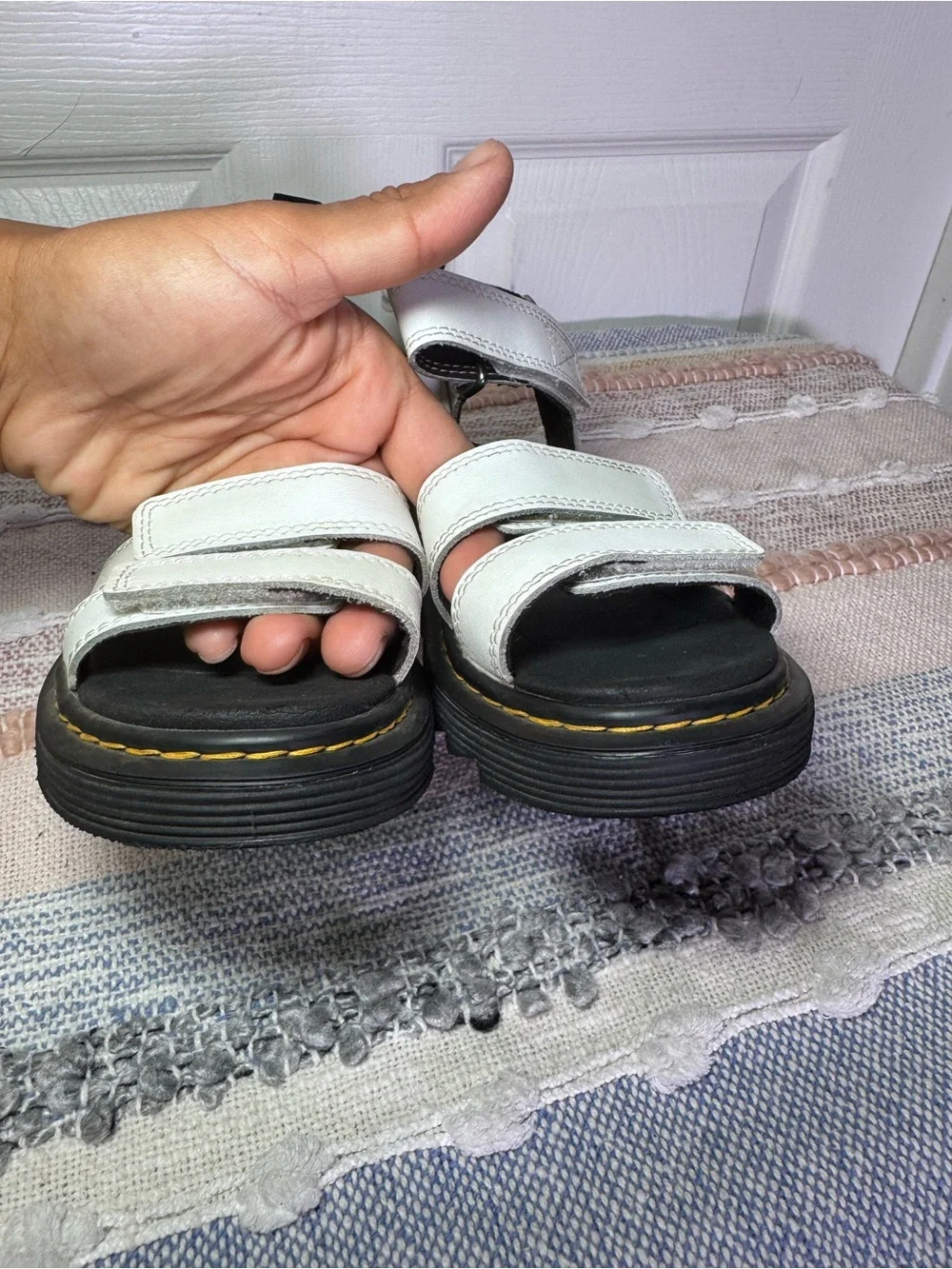 Dr. Martens Klaire J White and Black Leather Platform Sandals